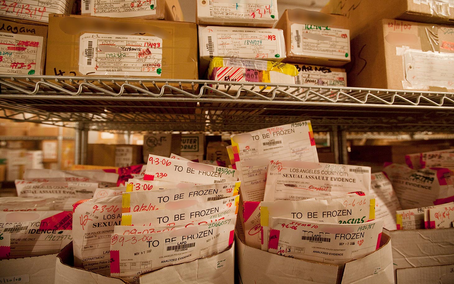 Thousands of envelopes of containing DNA, blood, and other evidence collected from Los Angeles rape victims sit in LAPD deep freeze lockers untested. The envelopes, often referred to as "rape kits" by law enforcement, continue to pile up at the LAPD Piper Tech facility in downtown L.A. Staff and budget cutbacks have left thousands of the kits untested for years. Some critics say the backlog will never get caught up.