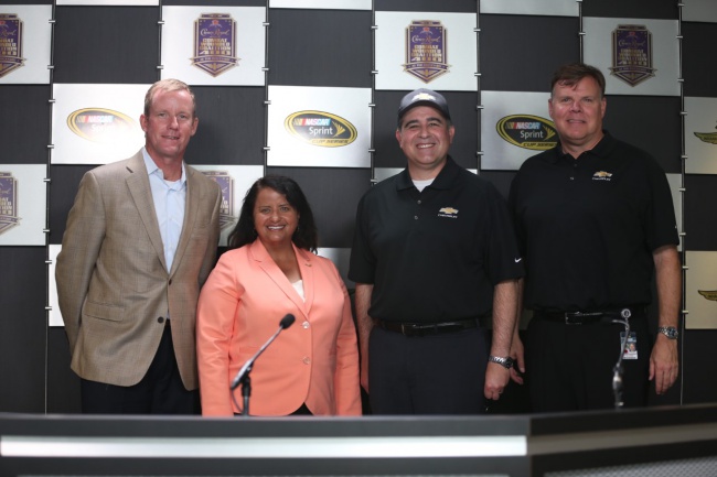 NASCAR and General Motors leadership announces diversity scholarship at Indianapolis Motor Speedway. Jim Cassidy, NASCAR Senior Vice President of Racing Operations; Alba Colon, Chevrolet NASCAR Sprint Cup Series Program Manager; Ken Barrett, General Motors Global Chief Diversity Officer; and Jim Campbell, GM Vice President of Performance Vehicles and Motorsports Photo by Harold Hinson Photography.