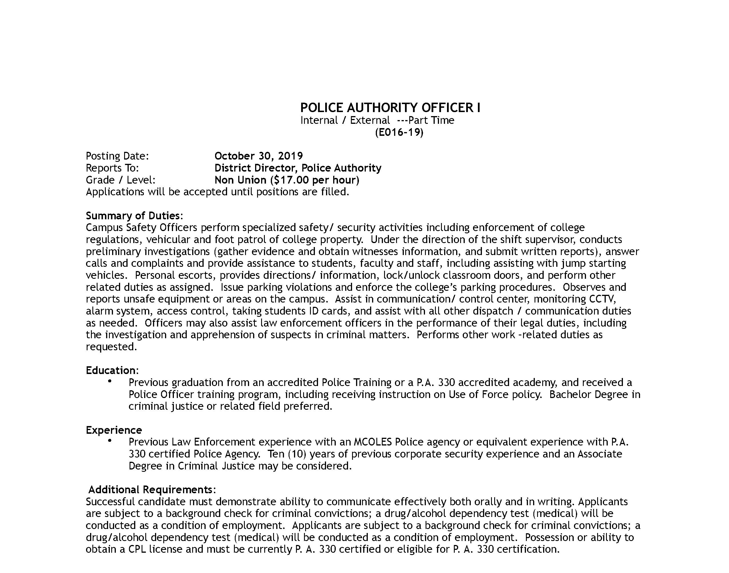 WCCCD - POLICE AUTHORITY OFFICER I 11.1