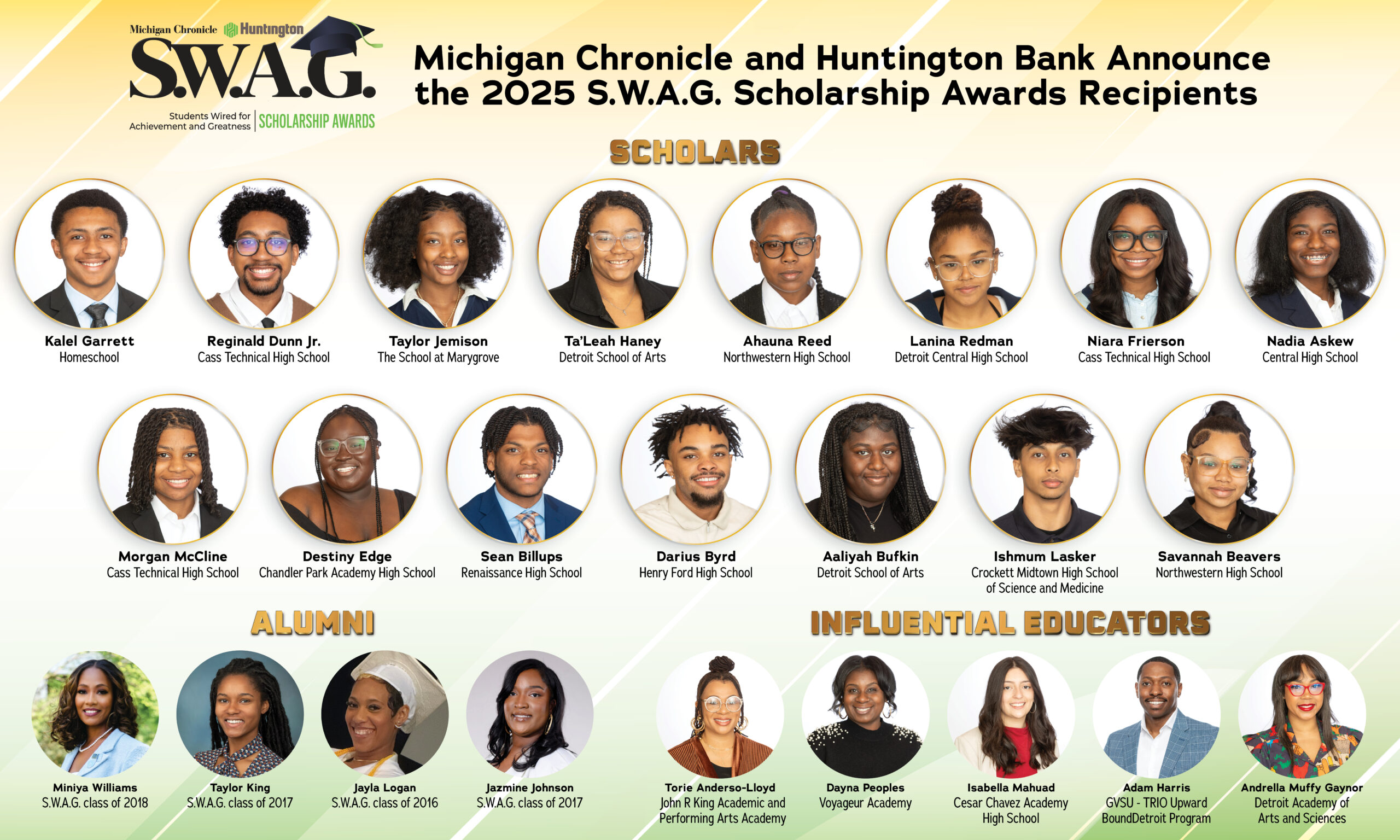 Congratulations to the 2025 SWAG Scholars and Influential Educators—remarkable individuals shaping Detroit’s future through education, leadership, and excellence. This year’s SWAG Scholars are: Nadia Askew (Central High School), Savannah Beavers (Northwestern High School), Sean Billups (Renaissance High School), Aaliyah Bufkin (Detroit School of Arts), Darius Byrd (Henry Ford High School), Destiny Edge (Chandler Park Academy High School), Niara Frierson (Cass Technical High School), Kalel Garrett (Homeschool), Taylor Jemison (The School at Marygrove), Kanai Jordan (Cass Technical High School), Kadence Kincaide (Renaissance High School), Ishmum Lasker (Crockett Midtown High School of Science and Medicine), Dorian Liddell (Detroit School of Arts), Braylen McGaughy (Cass Technical High School), Nadia Pouncey (Detroit Edison Public School Academy Early College of Excellence), Jabari Reed (Jalen Rose Leadership Academy), Kennedi Sherrill (Renaissance High School), Na'im Sumbry (Cass Technical High School), Kya Watson (Renaissance High School), and Ava Willis (Renaissance High School). We also proudly recognize the 2025 Influential Educator Award recipients for their extraordinary impact in the classroom and beyond: Torie Anderson-Lloyd (John R. King Academic and Performing Arts Academy), Andrella “Muffy” Gaynor (Detroit Academy of Arts and Sciences), Adam Harris (GVSU – TRIO Upward Bound Detroit Program), Isabella Mahuad (Cesar Chavez Academy High School), and Dayna Peoples.