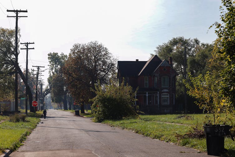 Open street lines with trees with a home standing nearby.